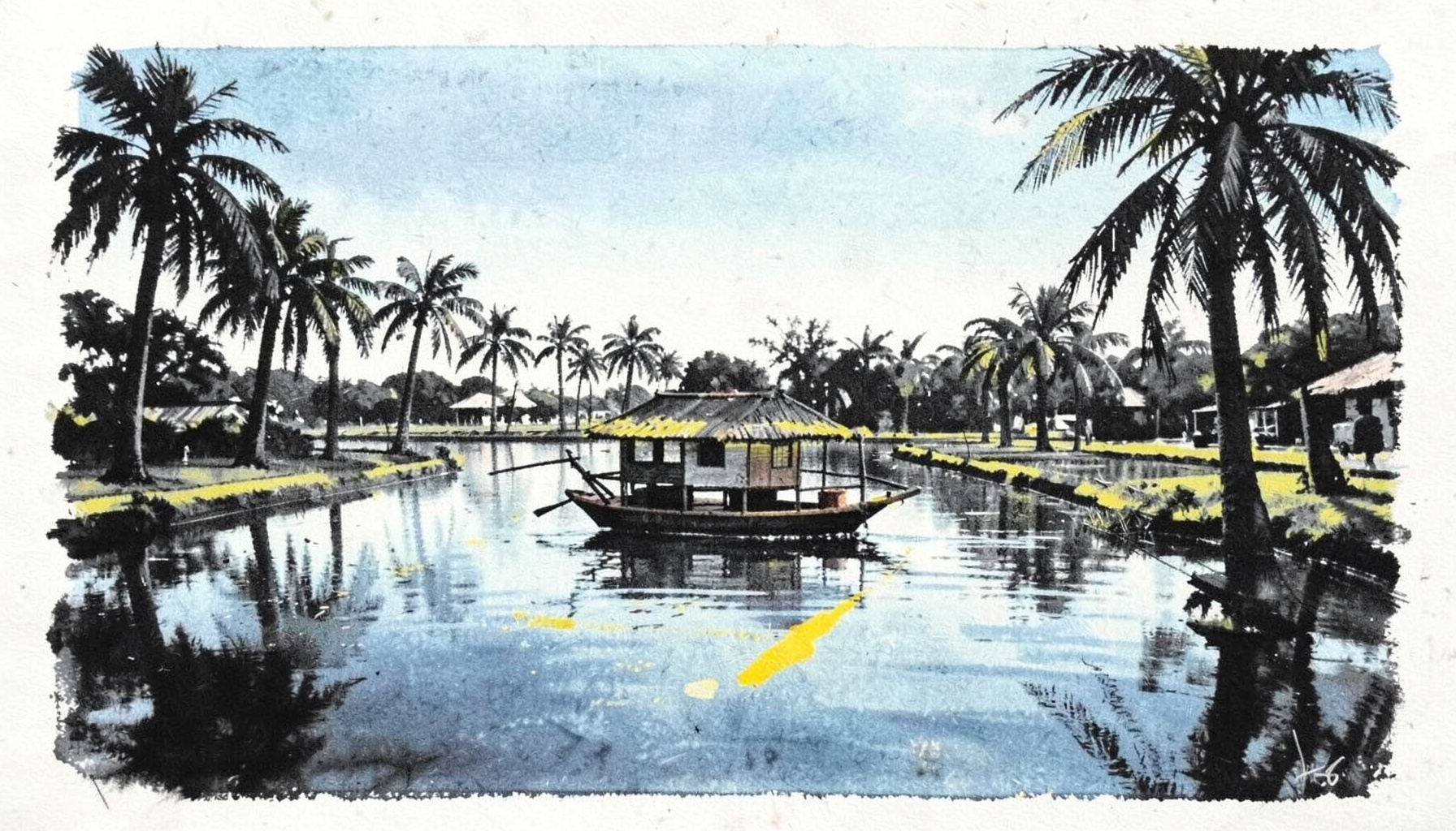 A serene network of palm-fringed canals and lagoons reflecting a pale blue sky, with a traditional wooden houseboat drifting on still water