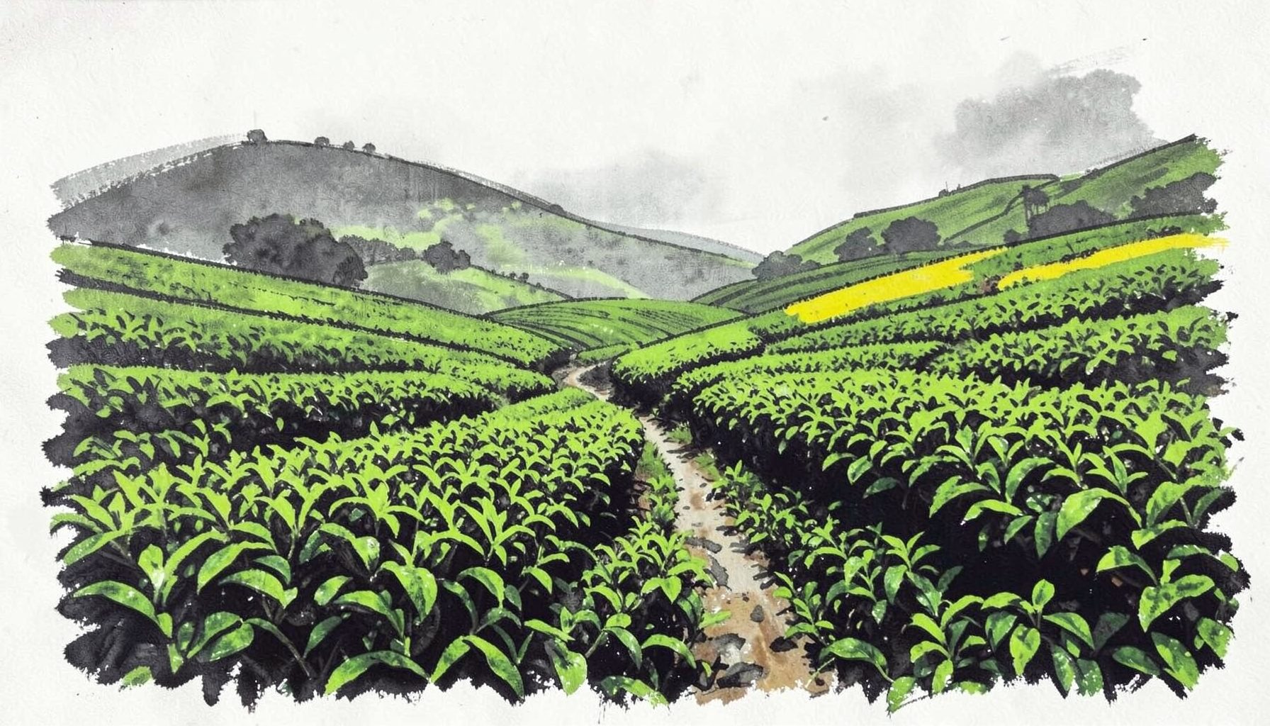 Rolling green tea plantations blanketing gentle hills under a soft misty sky, with a narrow winding path cutting through the vivid greenery