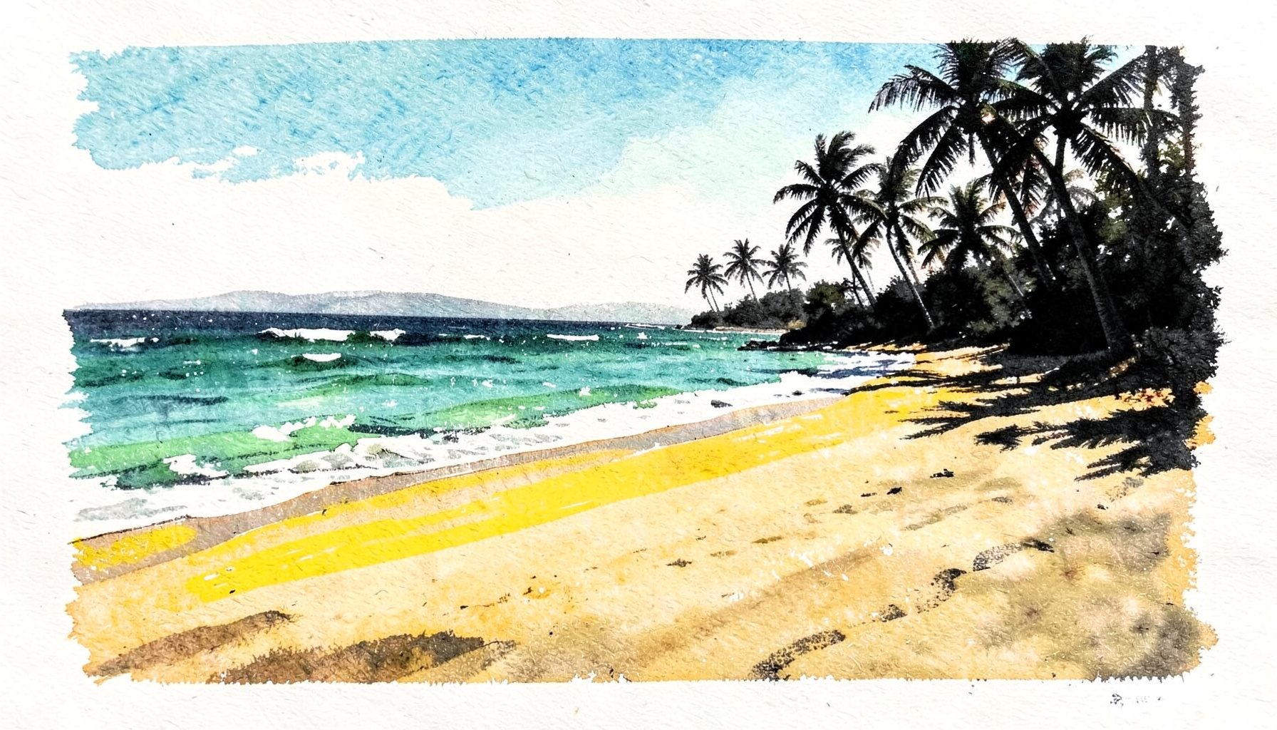 A sweeping view of a tropical beach with golden sand, gentle turquoise waves, and palm trees silhouetted against a bright sky