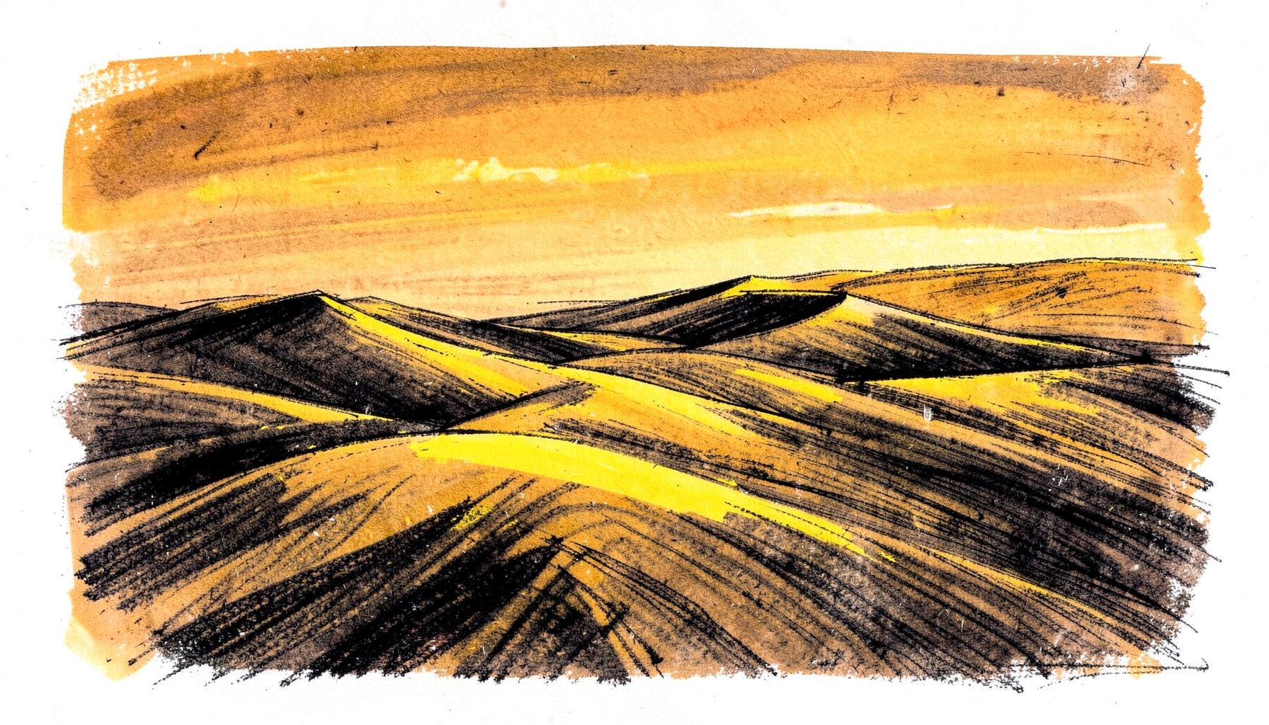 Wide panoramic view of a golden desert landscape at sunrise with rippling sand dunes stretching to the horizon under a warm amber sky
