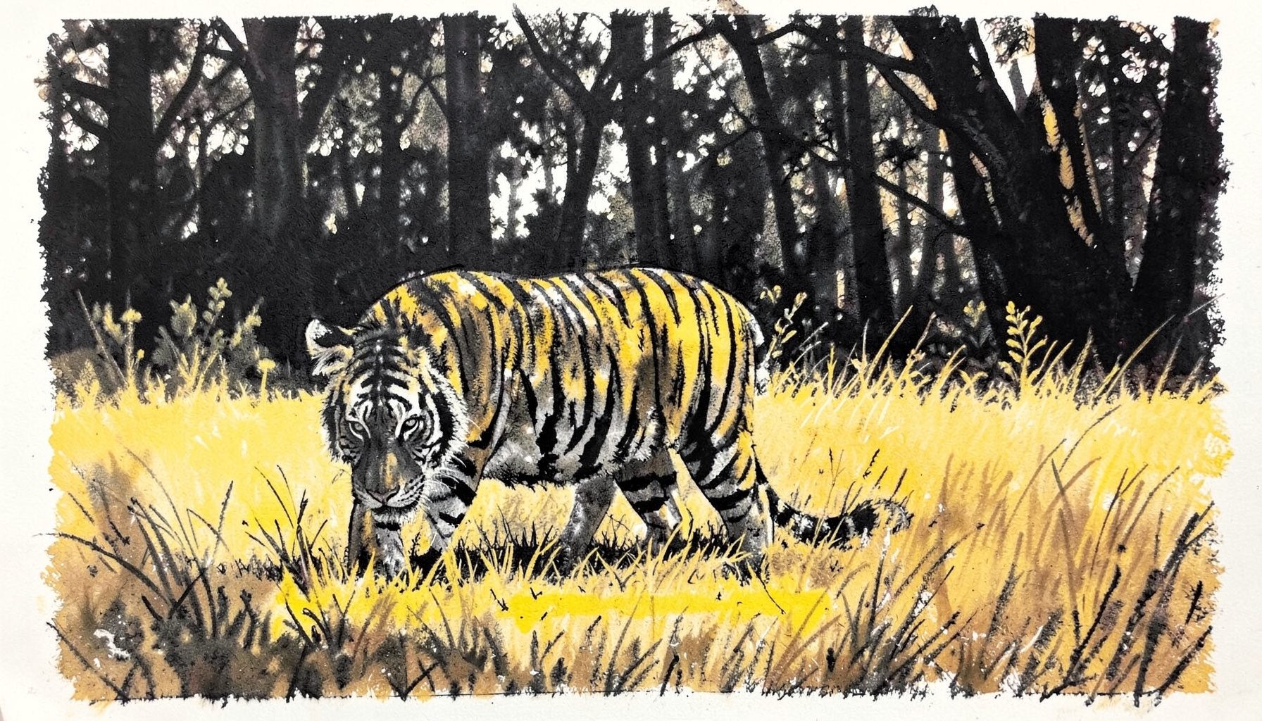 A tiger walking through dry golden grassland at the edge of a dense forest, dappled sunlight filtering through the trees