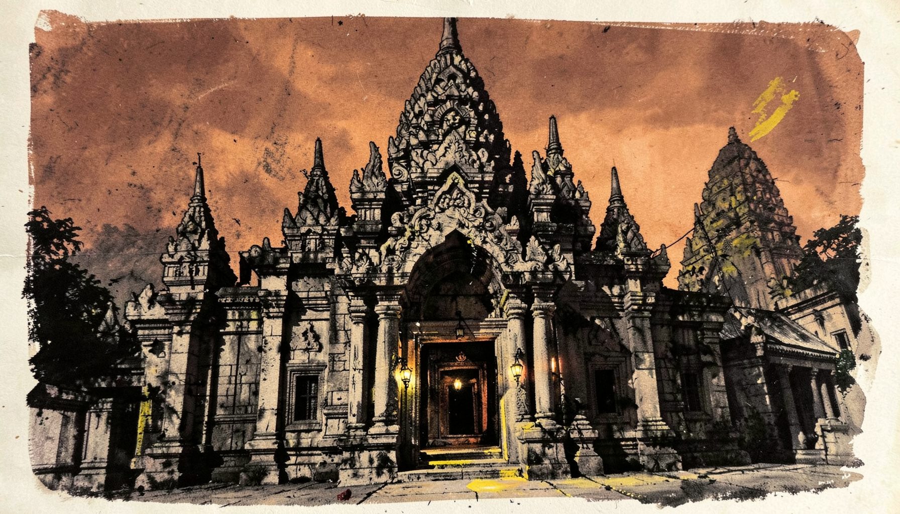 An ancient stone temple with intricate carved spires rising against a dusky orange sky, oil lamps flickering at the entrance