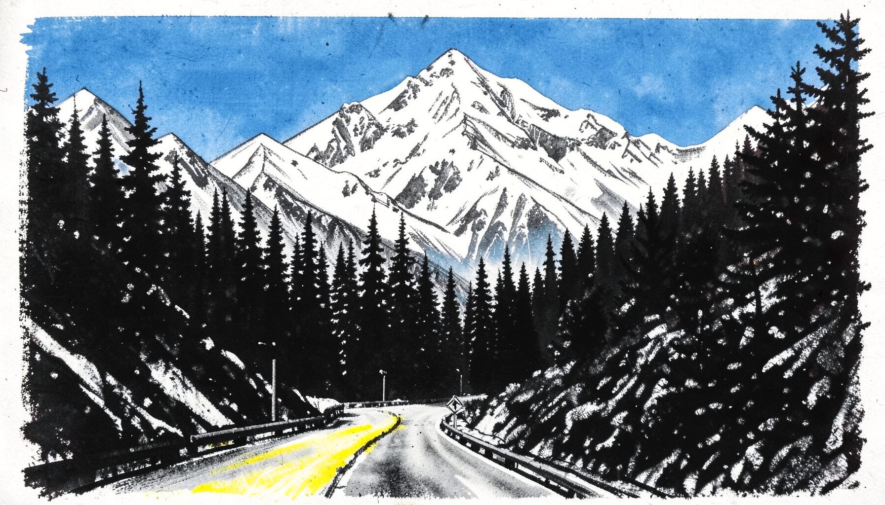 Snow-dusted Himalayan peaks rising behind dense pine forests, with a narrow mountain road winding through the foreground under a crisp blue sky