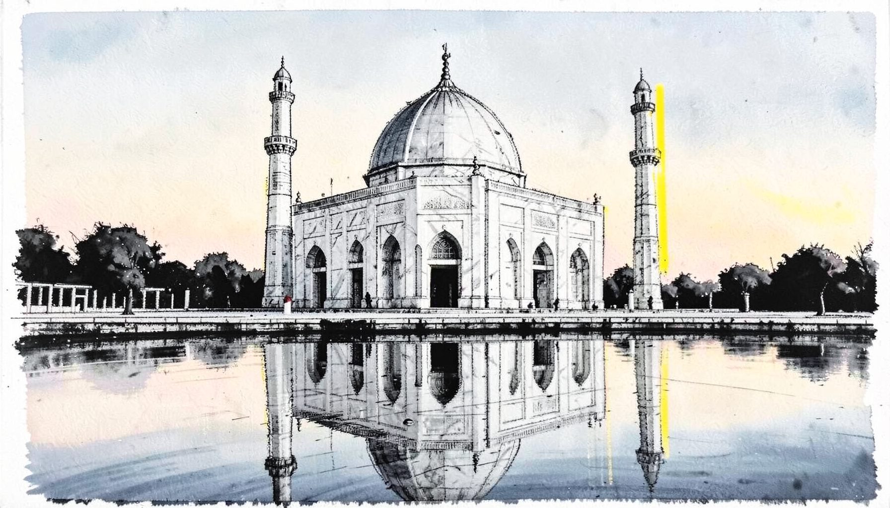 A vast white marble mausoleum with a large dome and four slender minarets, reflected perfectly in a long still pool under a pale dawn sky