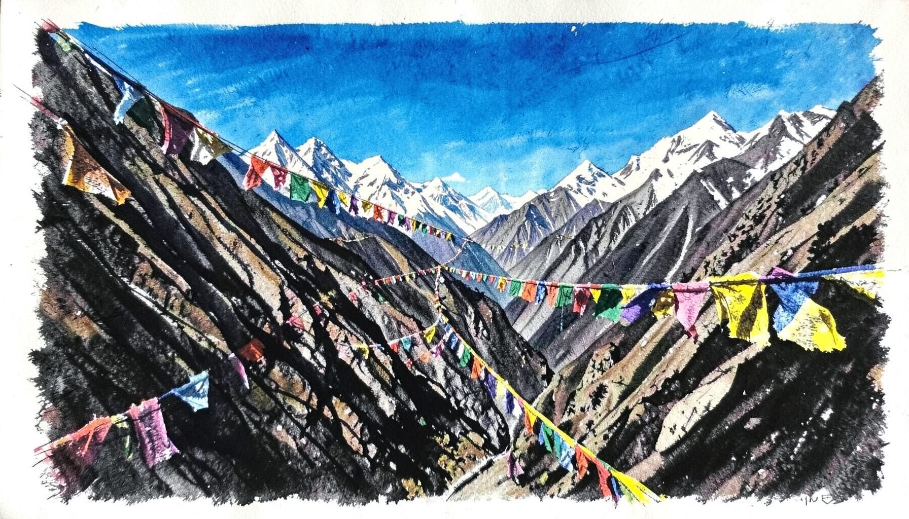 A dramatic mountain pass with colourful prayer flags strung across a deep gorge, snow-capped peaks visible in the distance under a vivid blue sky
