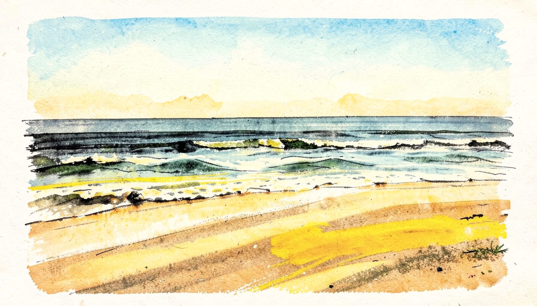 Wide sandy beach with gentle waves under a bright sky, warm golden and pale blue tones, calm coastal mood