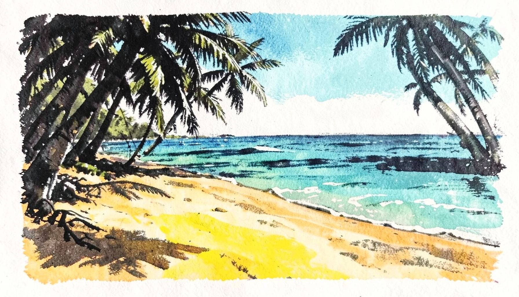 Palm-fringed shoreline with golden sand and turquoise water, bright tropical atmosphere